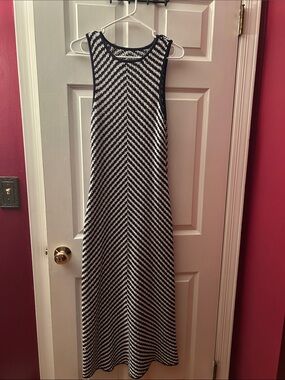 Navy & White Chevron Stripe 100% Cotton Maxi Dress Sleeveless Minimalist Size S